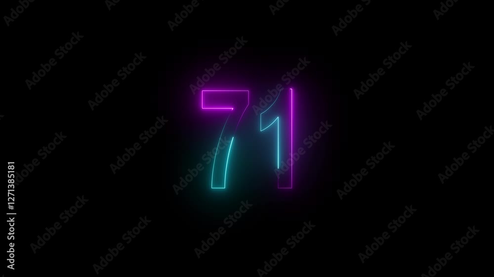 Abstract glowing neon text 71 number countdown icon. Glowing sign on black background. Abstract glowing neon text 71 number countdown icon. Glowing sign on black background.