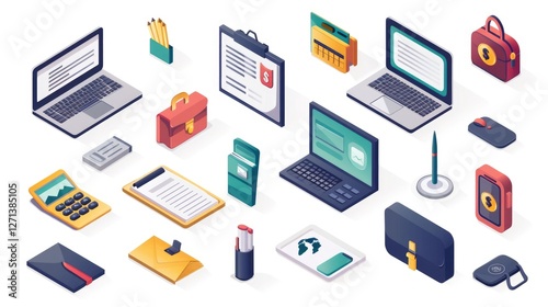 Isometric set of icons for web and mobile applications featuring business, technology, and network elements like laptops, servers, buildings, and cloud data symbols in a modern vector design