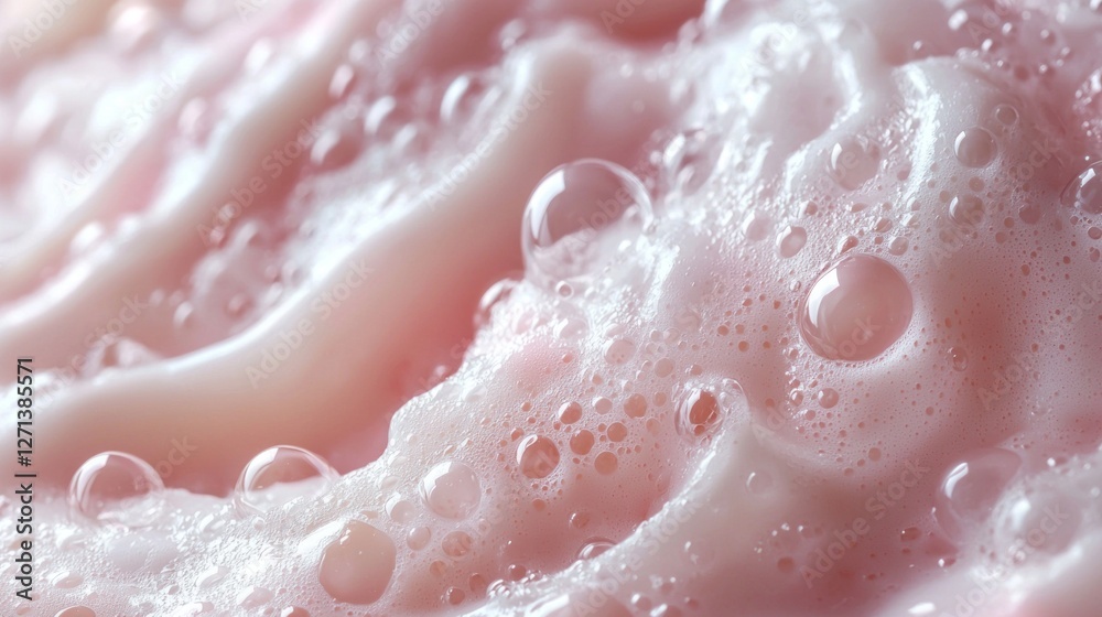 Fototapeta premium Luxurious pink soap foam creates a frothy texture, inviting touch and delight. The gentle bubbles dance across the surface, adding a calming essence to self-care routines