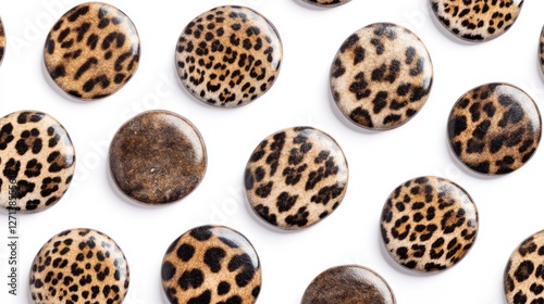 The image shows a collection of round, leopard-printed buttons. They are used for clothing and accessories to add a bold and trendy animal print style.