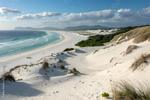 beach exudes an enchanting and untainted allure, boasting a breathtaking vista of velvety, ivory shores, showcasing their ethereal touch, rolling dunes, and pristine and unadorned essence that charact photo