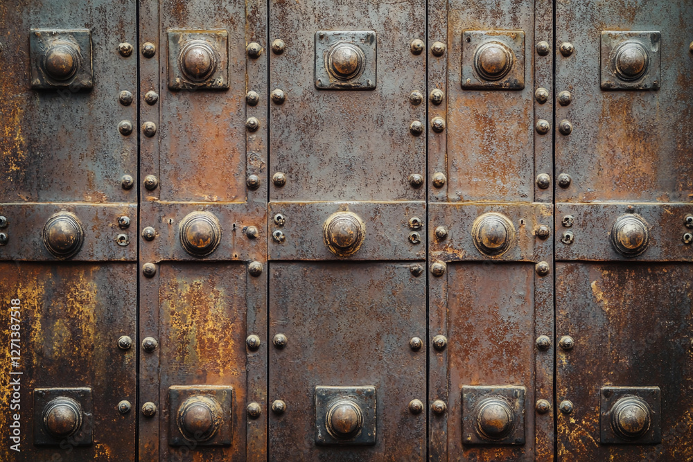 Fototapeta premium Intricate design of an ancient metal door in urban setting