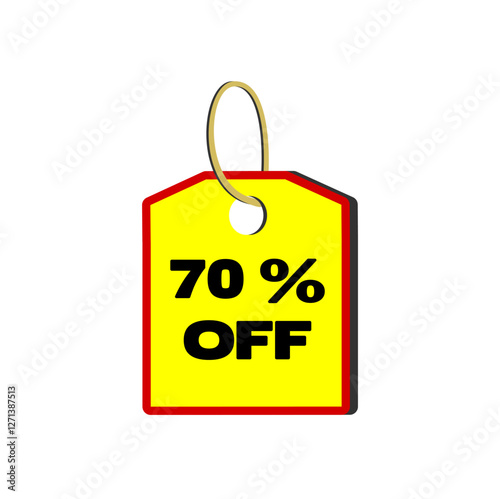70% off yellow tag with red border, beige cord and white background