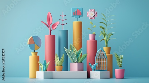 Abstract cityscape with colorful arrows and growth symbols in a modern business design