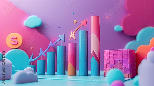 Abstract cityscape with colorful arrows and growth symbols in a modern business design