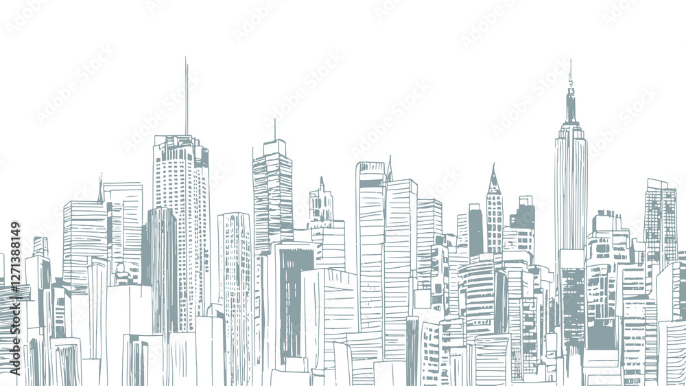 Fototapeta premium Cityscape skyline drawing illustration. Tall buildings, skyscrapers, towers visible. Architecture urban planning graphic design. Hand-drawn sketch style white background