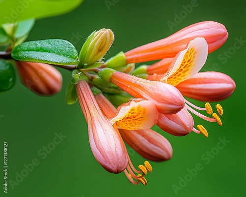 Close-up of vibrant coral honeysuckle blossoms against a blurred green background. Use for botanical, floral, or nature imagery