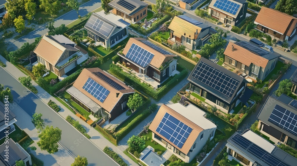 Aerial View of Modern Eco-Friendly Homes with Solar Panels Aerial View of Modern Eco-Friendly Homes with Solar Panels