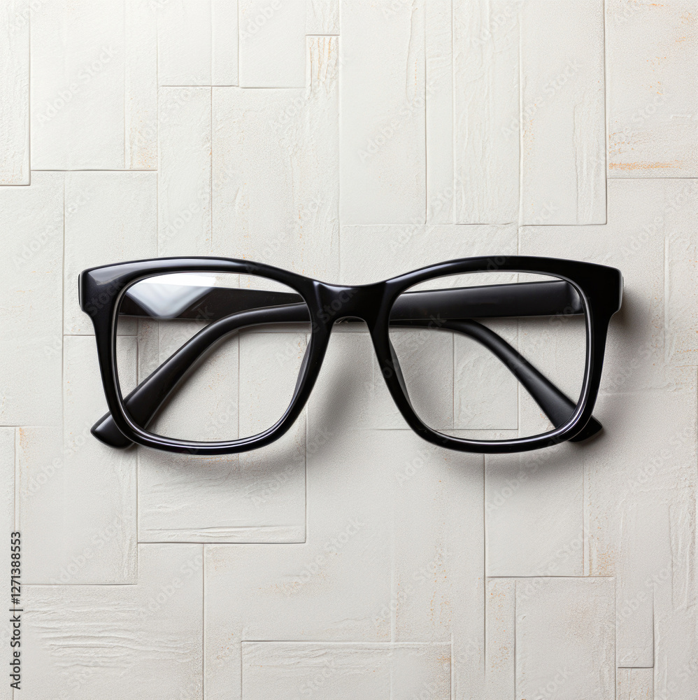Classic black eyeglasses with a glossy frame placed on a neutral background, minimalistic composition