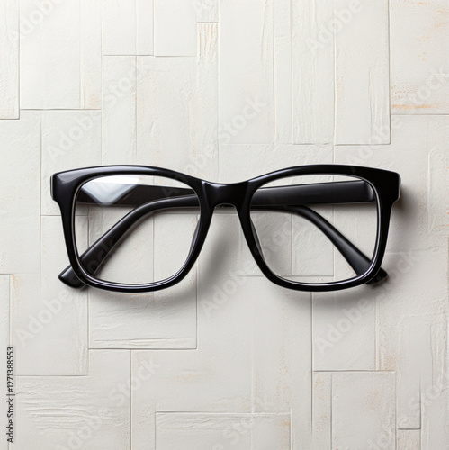 Obraz na płótnie Classic black eyeglasses with a glossy frame placed on a neutral background, minimalistic composition w salonie