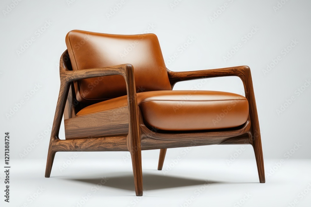 Fototapeta premium Modern armchair with brown leather and walnut wood, isolated on a light background.