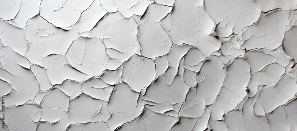 Cracked white dry surface with peeling layers creating an abstract texture, white background