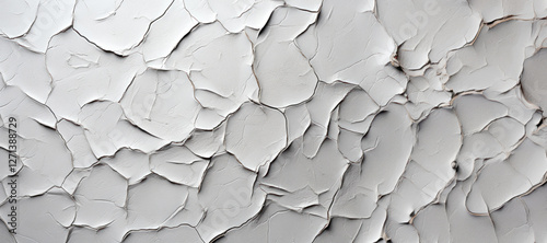 Cracked white dry surface with peeling layers creating an abstract texture, white background