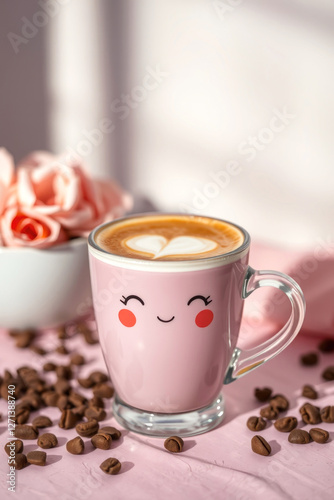 Cute pink coffee cup with a smiling face and latte art on a pastel table