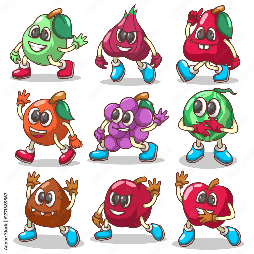 Obraz premium Funny doodle fruit cartoon with cute expression
