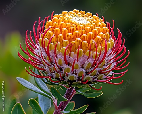 Close-up of vibrant pincushion flower in garden setting photo