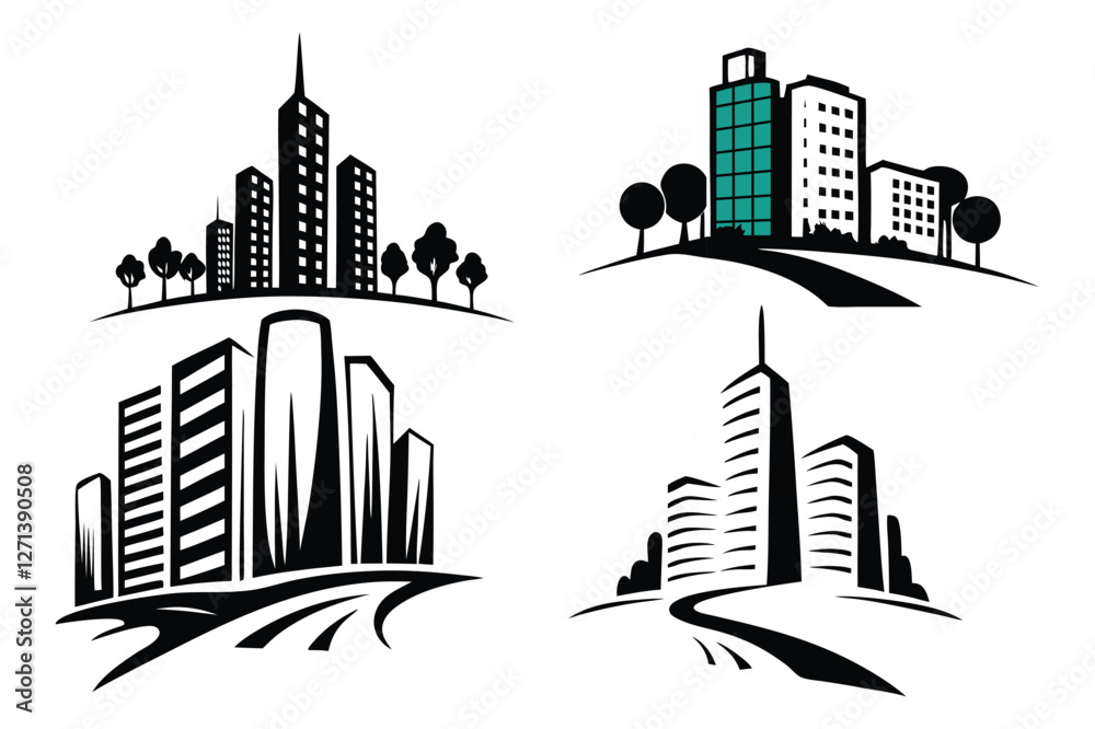 Obraz premium Isometric Cityscape Silhouettes – Modern Urban Vector Designs