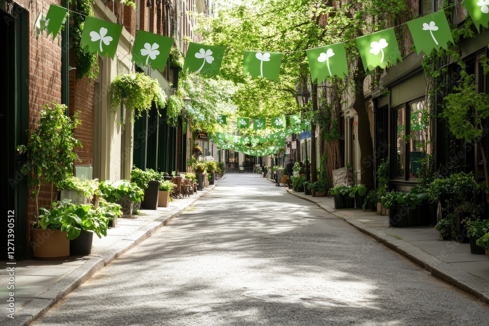 Festive street with green shamrock banners for st. patrick's day celebration Festive street with green shamrock banners for st. patrick's day celebration