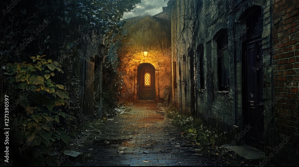 Obraz premium Mysterious Doorway in Wet Street Illuminated by Soft Light