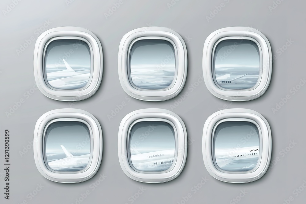 Elevated View: Airplane Windows, Clean White Frames Against a Sleek Grey Background. Perfect for travel brochures, websites, and aviation-themed designs. High-resolution image ideal for print and Elevated View: Airplane Windows, Clean White Frames Against a Sleek Grey Background. Perfect for travel brochures, websites, and aviation-themed designs. High-resolution image ideal for print and