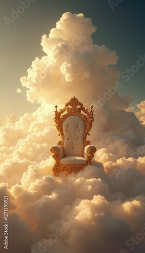 Golden throne rests above clouds in heavenly realm. Divine light radiates on majestic seat. Luxurious ornate details, fantasy dreamlike scenery, ethereal spiritual place. Regal authority power in photo