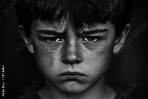 cropped portrait of stressed, hurt or lonely child boy. Black and white photography
