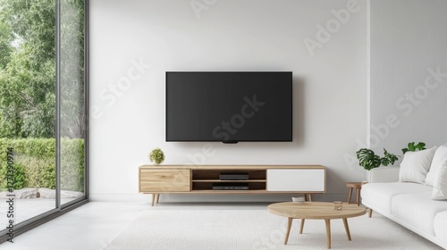 Modern white living room interior with TV on the wall and a window, featuring wooden decoration in a minimalist style