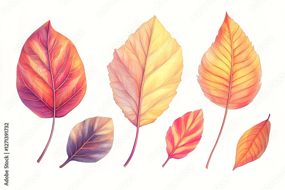 Obraz premium Vibrant Autumn Leaves: A Kaleidoscope of Shapes and Colors, Perfect for Fall-themed Designs, Seasonal Backgrounds, and Autumnal Illustrations. Ideal for websites, brochures, greeting cards, and more. 