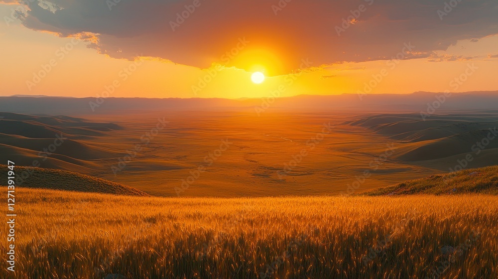 Sunset over golden fields, vast plains, dramatic sky, nature landscape, travel photography Sunset over golden fields, vast plains, dramatic sky, nature landscape, travel photography