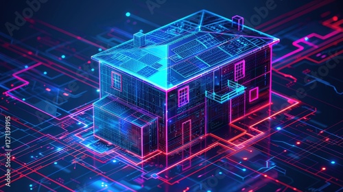 3D blueprint of a house design with architectural details and construction elements