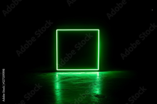 A black background with a small square of dim green neon light