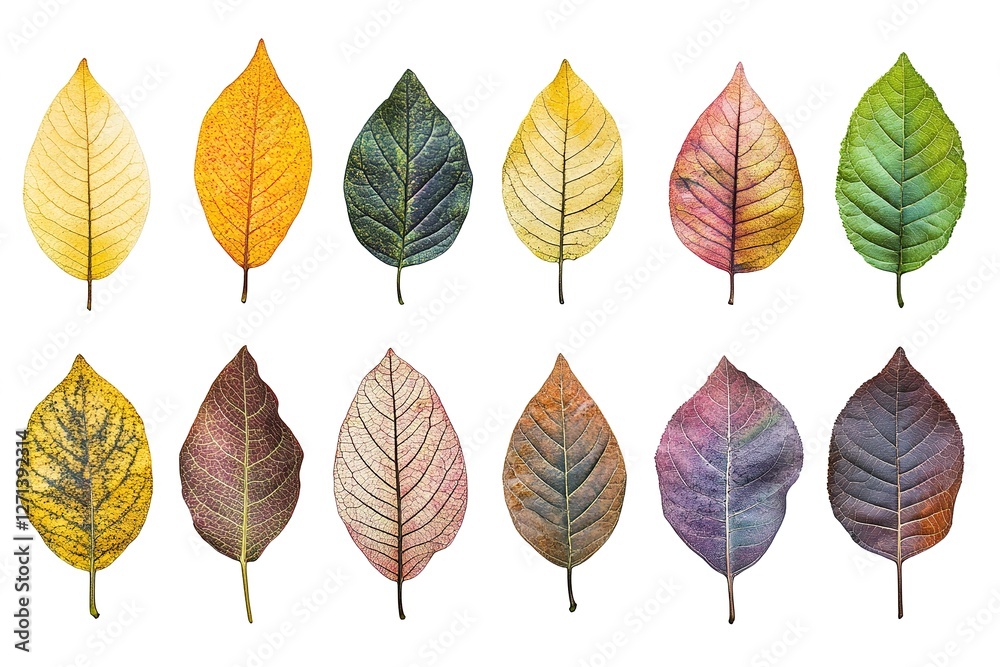 Obraz premium Vibrant Autumn Leaves: A Collection of Colorful Fall Foliage, Isolated on White for Design Projects, Perfect for Fall-Themed Websites, Blogs, Invitations, Prints, and More. Crisp, High-Resolution