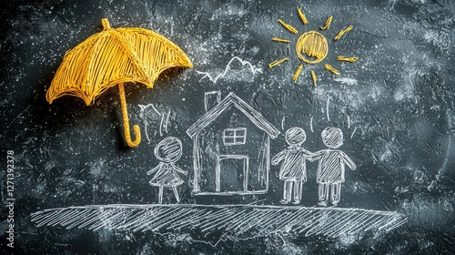 Whimsical straw figures with an orange umbrella in a chalk drawing scene.