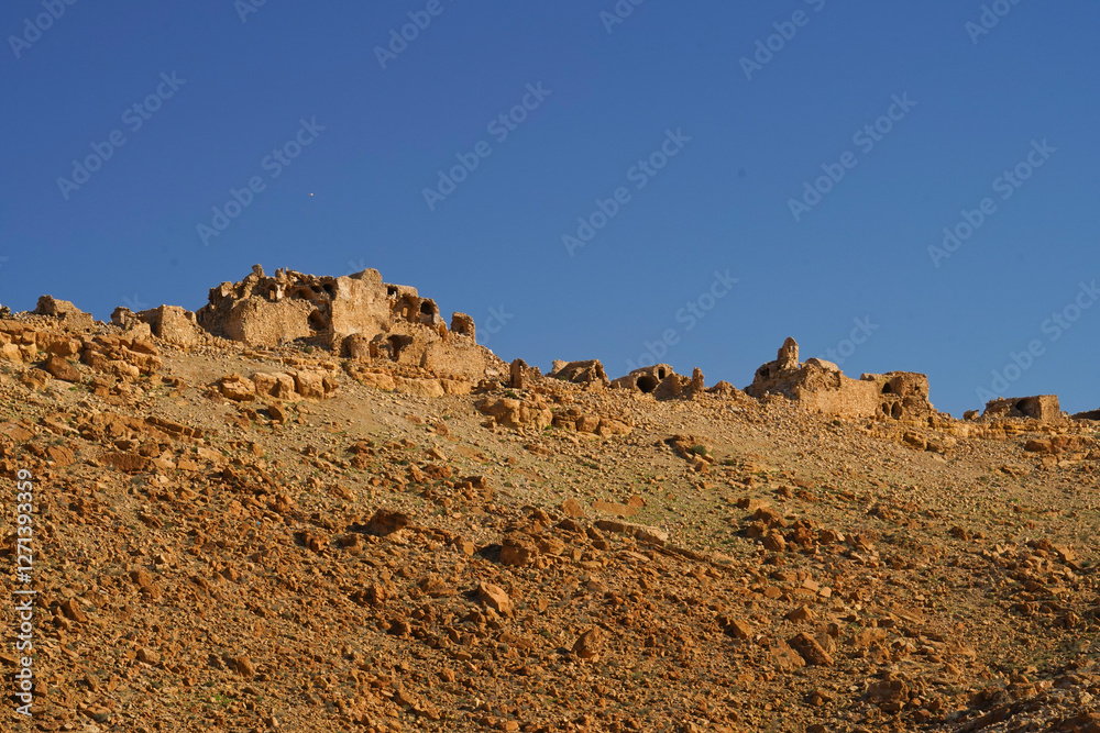 Fototapeta premium Ksar Jlalta,tipico villaggio fortificato Berbero composto da granai e abitazioni costruiti all'interno di un muro di cinta difensivo.