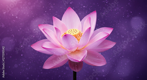 A serene pink and light purple lotus floating gently, surrounded by sparkling lights and a soft purple background, evoking a tranquil, ethereal atmosphere