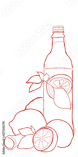 hand drawn line art vector of a lemon juice bottle. Lemon juice poster art in vintage style hand drawing.