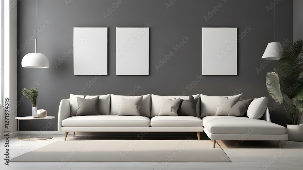 Fototapeta premium Blank modern canvas on a charcoal grey wall in a minimalist lounge with sleek white furniture and neutral flooring 
