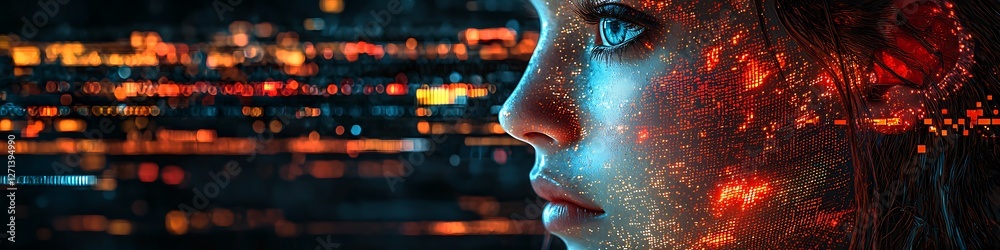 Digital manipulation with glitchy multicolor effects, in a dark futuristic setting, creating AI entity faces Digital manipulation with glitchy multicolor effects, in a dark futuristic setting, creating AI entity faces