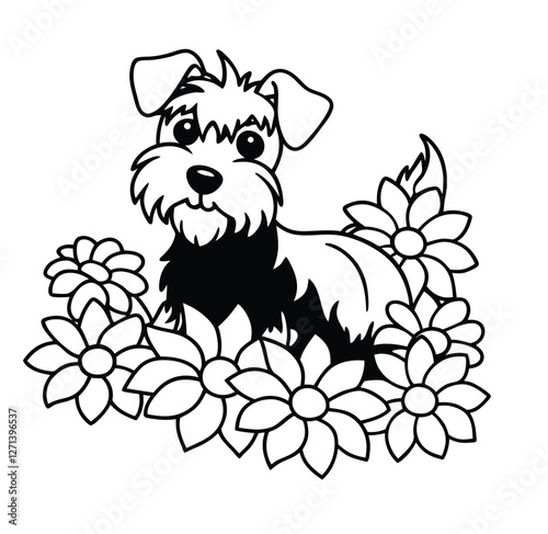  Cute Schnauzer Dog with Flowers – Black and White Vector Illustration