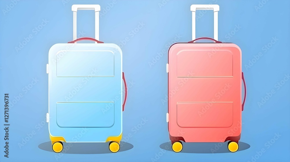 Two colorful suitcases, one blue and one pink, stand side-by-side, ready for a fun and exciting travel adventure Two colorful suitcases, one blue and one pink, stand side-by-side, ready for a fun and exciting travel adventure