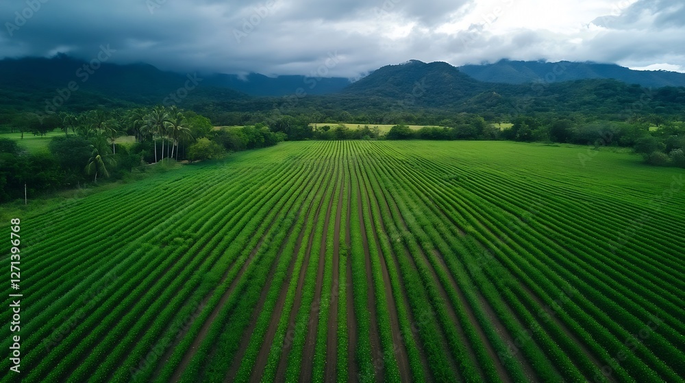 Lush Green Agricultural Fields with Mountains in the Background on a Cloudy Day : Generative AI Lush Green Agricultural Fields with Mountains in the Background on a Cloudy Day : Generative AI