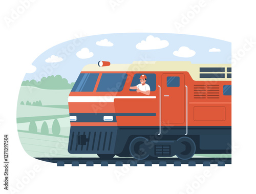 Cheerful driver showing thumbs up while driving a train locomotive. Vector illustration.