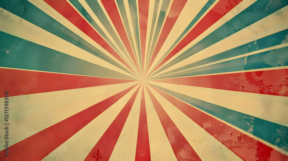 Fototapeta premium Vintage sunburst pattern with red and blue rays radiating from a central point, evoking nostalgia