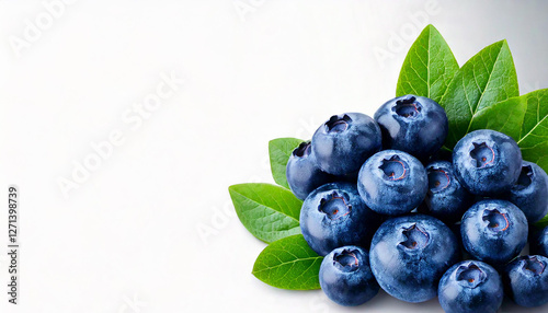 Blueberries and leaves isolated on white background with white blank space.