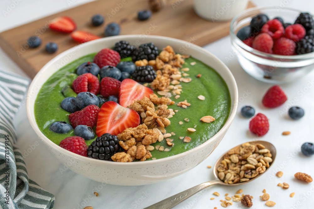 A colorful smoothie bowl topped with berries and granola. A colorful smoothie bowl topped with berries and granola.