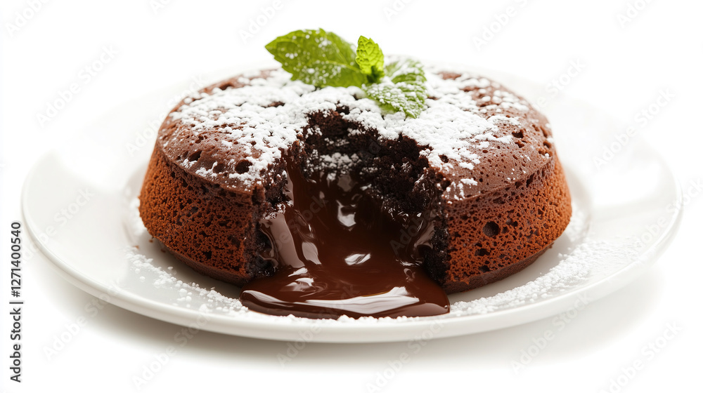 Close-up of chocolate lava cake with a molten center oozing out, dusted with powdered sugar and garnished with a fresh mint leaf, served on a simple white plate against a pure white background