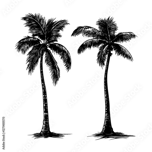 Hand Drawn Illustration Of Two Tall Palm Trees On White Backgrounds.  A Simple Artistic Drawing.  A Decorative Line