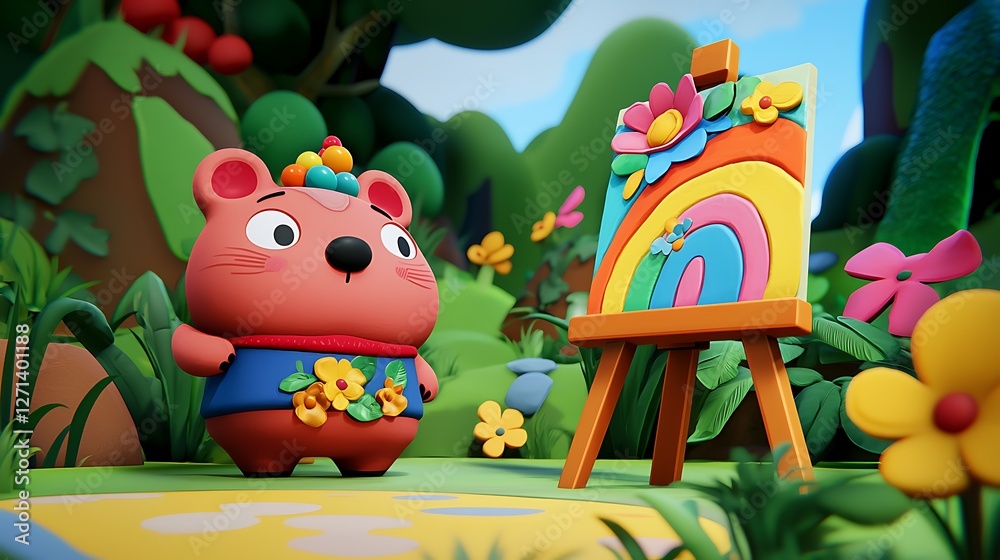 Fototapeta premium Cute bear painting rainbow in whimsical forest