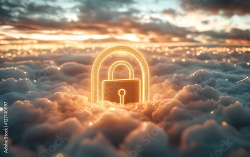 A luminous golden lock symbolizing strong data security, placed gently on a white cloud, surrounded by a digital halo, hyperrealistic, soft light, 8K resolution photo