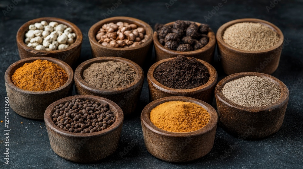 Assortment of Spices in Wooden Bowls on Dark Background Assortment of Spices in Wooden Bowls on Dark Background